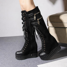 Womens Punk Hidden Wedge Heels Knee High Thigh Boots Suede Lace Up Platform Shoes Black Zipper    New 2022 2024 - buy cheap