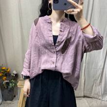 Women Linen Patchwork Blouses Tops Ladies Vintage Flax Spliced Blouse Shirt Female 2020 Autumn Spring Shirts 2024 - buy cheap