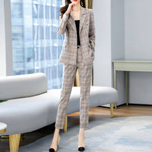 Conjunto de blazer feminino, blazer da moda xadrez, manga longa, duas peças, calça 2024 - compre barato