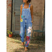 Macacão jeans estampado floral, elegante, feminino, tamanho grande, bolso, verão 2020 2024 - compre barato