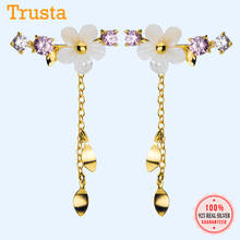 Trustdavis 100% 925 Sterling Silver Earrings Women Gold Jewelry Fashion Purple Stones White Natural Shell Flower Stud DS1439 2024 - buy cheap