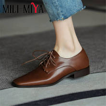 Sapato feminino de couro legítimo com cadarço, sapato quadrado com salto baixo e grosso, feito à mão 2024 - compre barato