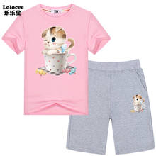 Conjunto de 2 piezas de manga corta para niña, Camiseta con estampado de gato + Pantalones cortos, traje de chándal, conjuntos de ropa para niño 2020 2024 - compra barato