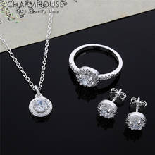 Charmhouse conjunto de joias feminino, prata 925, zircônia cúbica, pingente, colar + anel + brincos, 3 peças, joias para casamento 2024 - compre barato