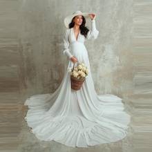 Charming White Photo Shoot Dresses White Big V Neck Long Sleeves Lace Chiffon With Long Train Women   Maternity Gowns 2024 - buy cheap