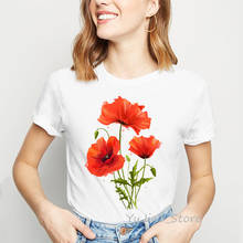 Camiseta aquarela com estampas florais, pipoqueiras vermelhas, branca, hipster, mulheres, camisetas casuais, top, camisetas curtas fofas para meninas 2024 - compre barato