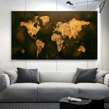 Grande mapa retro dourado mapa do mundo cartaz e impressão cuadros pintura da lona arte da parede para sala de estar decoração casa 2024 - compre barato