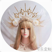 Virgin Mary Bead Chain Baroque Wedding Tiara Gold Halo Lolita Gothic Hair Accessory KC Crown Headwear White Angel Feather Wing 2024 - buy cheap