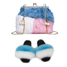 Women Shoes Furry Falts Comfortable Sandals With Handbags Fluffy Slippers And Bags Real Fox Fur Slides And Plush Purse Sets 2020 2024 - buy cheap
