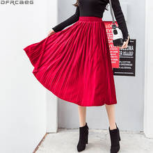 Saia vintage de elástico em cintura alta, maxi plissado, retrô, de veludo, longa, para o inverno, forro, escola, femme, inverno, vermelho, preto 2024 - compre barato