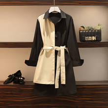 Женское мини-платье в Корейском стиле, весеннее черное свободное Повседневное платье-рубашка в стиле пэчворк с отложным воротником и длинным рукавом и поясом, 2021 2024 - купить недорого