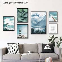 Pintura em tela de paisagem nórdica, azul, verde, floresta, montanha, farol de surf, folhas, arte impressa de parede, pôster, decoração de casa, imagem 2024 - compre barato