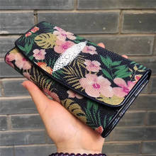 Authentic Stingray Skin Female Long Elegant Flower Trifold Wallet Genuine Leather Lady Large Clutch Bag Women Floral Coin Purse 2024 - buy cheap