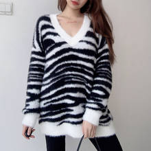 2021 Brand New V-neck Long Sleeve Soft Warm Sweater Loose Casual Zebra Stripe Furry Pullover Oversized Sweater Sueter 2024 - buy cheap