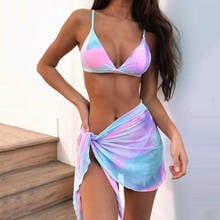 Conjunto de Bikini de tres piezas para mujer, traje de baño Sexy con teñido anudado, Bikini femenino con Sarong, ropa de playa, 2021 2024 - compra barato