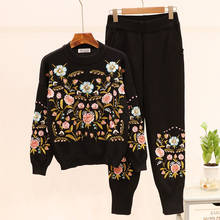 Fashion Tracksuit Women Vintage Knitted Two Piece Set Autumn Sweater Top+Long Pants Floral Embroidery Woman Sportsuits Spring 2024 - buy cheap