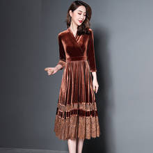 Fall Spring Casual Womens V Neck High Waist Lace Patchwork Slim 3xl Velvet Dress , Fashion Long Velour Dress for Woman 2024 - buy cheap
