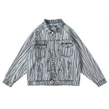 Jaqueta jeans estampa zebra original, lavada, retrô, lapela, roupa de rua, corta-vento grande, harajuku, hip hop 2024 - compre barato