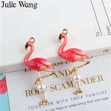 Julie Wang 5PCS Enamel Red Flamingo Charms Bird With man-made Pearl Bracelet Necklace Alloy Gold Tone Jewelry Making Accessory 2024 - buy cheap
