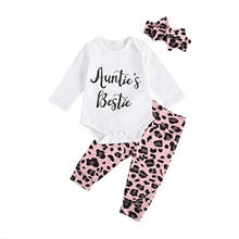 Conjunto infantil para meninas, 3 peças, manga longa, estampa de letras, body + calça de leopardo + tiara, outono 2020 2024 - compre barato