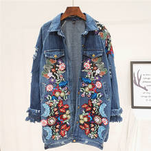 Jaqueta jeans feminina tamanhos bordados e flores, casaco longo solto de cor azul para mulheres 2024 - compre barato