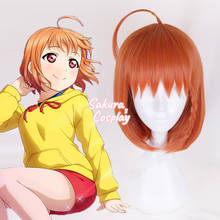 Anime love live! Extensão de cabelo sintético da takami chika, cosplay aqors cabelo curtos resistente ao calor sintético para halloween, carnaval, dramatização + peruca cap 2024 - compre barato