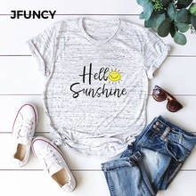 JFUNCY-Camiseta de algodón con estampado de letras Hello Sunshine para mujer, camiseta de manga corta para mujer, Camisetas básicas informales de talla grande para mujer 2024 - compra barato