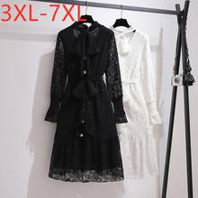 New Ladies Autumn Winter Plus Size Lace Dress For Women Large Long Sleeve Loose Button Black Belt Mini Dress 3XL 4XL 5XL 6XL 7XL 2024 - buy cheap