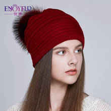 ENJOYFUR Women slouchy beanies hats for winter kintted oversized real fur pompom cap 2024 - buy cheap
