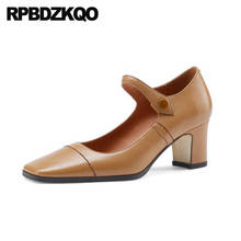 Size 33 Vintage Modern Mary Jane Brown Genuine Leather Fashion High Heels Ladies Pumps Square Toe Block Shoes For Women 2021 New 2024 - buy cheap