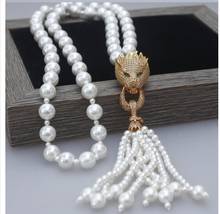 Collar de perlas del Mar del Sur de 10-3mm, cabeza de Pantera, circonita Natural, cadena de perlas, borlas, joyería, collar 2024 - compra barato