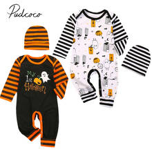 Newborn Baby Girls Boys Halloween Outfits Pumpkin and Ghost Print Striped Romper and Hat Set Fashion 2-piece Outfit 2024 - buy cheap