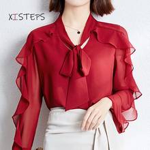 Elegante plissado chiffon blusas femininas 2021 primavera verão laço vermelho camisas de manga longa moda tops escritório trabalho vestir roupas 2024 - compre barato