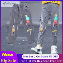 Calça jeans estampada para meninas de 3 a 13 anos, vestuário infantil, calça casual de cintura elástica, couro, primavera, outono 2024 - compre barato