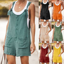 Macacão feminino, macacão de linho de algodão da moda, para praia, casual, de cor sólida, com botão, com bolso, sem mangas, curto 2024 - compre barato