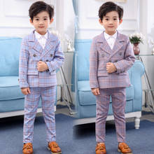 Conjunto de traje Formal a cuadros para niños, traje de flores para fiesta de boda, traje para niños, Blazer de 2 botones, pantalones, 2 uds. 2024 - compra barato