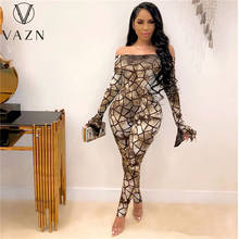 VAZN 2021 Top Quality Full Sleeve Off Shoulder Striped Print BandageHigh Waist Women Long Pencil Jumpsuits 2024 - buy cheap