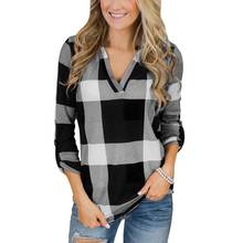 Spring Fashion Women Blouses Plaid Printing Long Sleeve V Neck Tunic Tops Casual Button Lattice Women's Shirt Ropa Mujer Рубашка 2024 - buy cheap