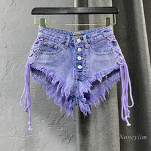 European Style Purple Hot Pants Women's Clothing 2021 Summer New Sexy Low Waist Single-Breasted Denim Shorts Lace-up 2024 - buy cheap
