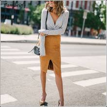 Elegant Suede Leather High Waist Pencil Skirt Women Luxury Tan Color Slim Midi Skirt Hems Split Sexy Lady Hip Lift Autumn Custom 2024 - buy cheap