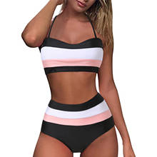 TELOTUNY Women's swimsuits Women Bandeau Padded Push Up Stripe Print High Waist Two Piece Swimwear Halter Tankini Bikini Set 2024 - buy cheap