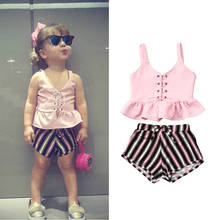 2020 2PCS Toddler Kids Baby Girl Clothes Sets Solid Pink Ruffle Sleeveless Tops T-shirt Stripe Shorts Outfits 1-6Y 2024 - buy cheap