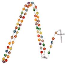 QIGO Mixed Color Plastic Rose Jesus Cross Rosary Necklace Virgin Mary Religion Jewelry 2024 - buy cheap