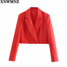 XNWMNZ New women Fashion Red linen blend cropped blazer coat Female Sexy V-neck long sleeve double-breasted blazer top Chic Tops 2024 - buy cheap
