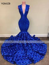 Блестящие длинные платья с блестками Королевского синего цвета для выпускного вечера 2020, с V-образным вырезом, с 3D цветами, со шлейфом, для африканских девушек и женщин, вечернее платье с юбкой-годе для официальвечерние 2024 - купить недорого