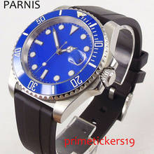 Автоматический механизм 40 мм PARNIS синий циферблат Дата резиновый ремешок сапфировое стекло синий керамический ободок мужские часы PA1206 2024 - купить недорого