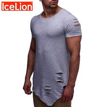 Camiseta masculina irregular com buraco, camiseta casual longa fitness para homens, manga curta de verão, corte slim, primavera, 2021 2024 - compre barato