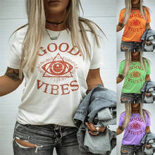 Camiseta con estampado de letras de GOOD VIBES para mujer, ropa Harajuku informal de talla grande con gráfico de ojo divertido, moda de verano 2024 - compra barato