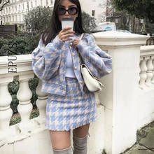 Vintage Sweet Women Pearl Button Check Gingham Plaid Blazer High Waist A line Mini Short Skirts Long Sleeve Suits 2 Pieces Set 2024 - buy cheap