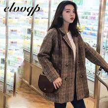 Vintage Double Breasted Plaid Woolen Blazer 2020 New Long Sleeve Turn Down Collar Autumn Winter Women Coat Jacket Female 2024 - buy cheap